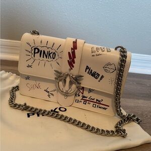 Pinko Cream Leather Shoulder Bag with Doodle Print and Silver Chain